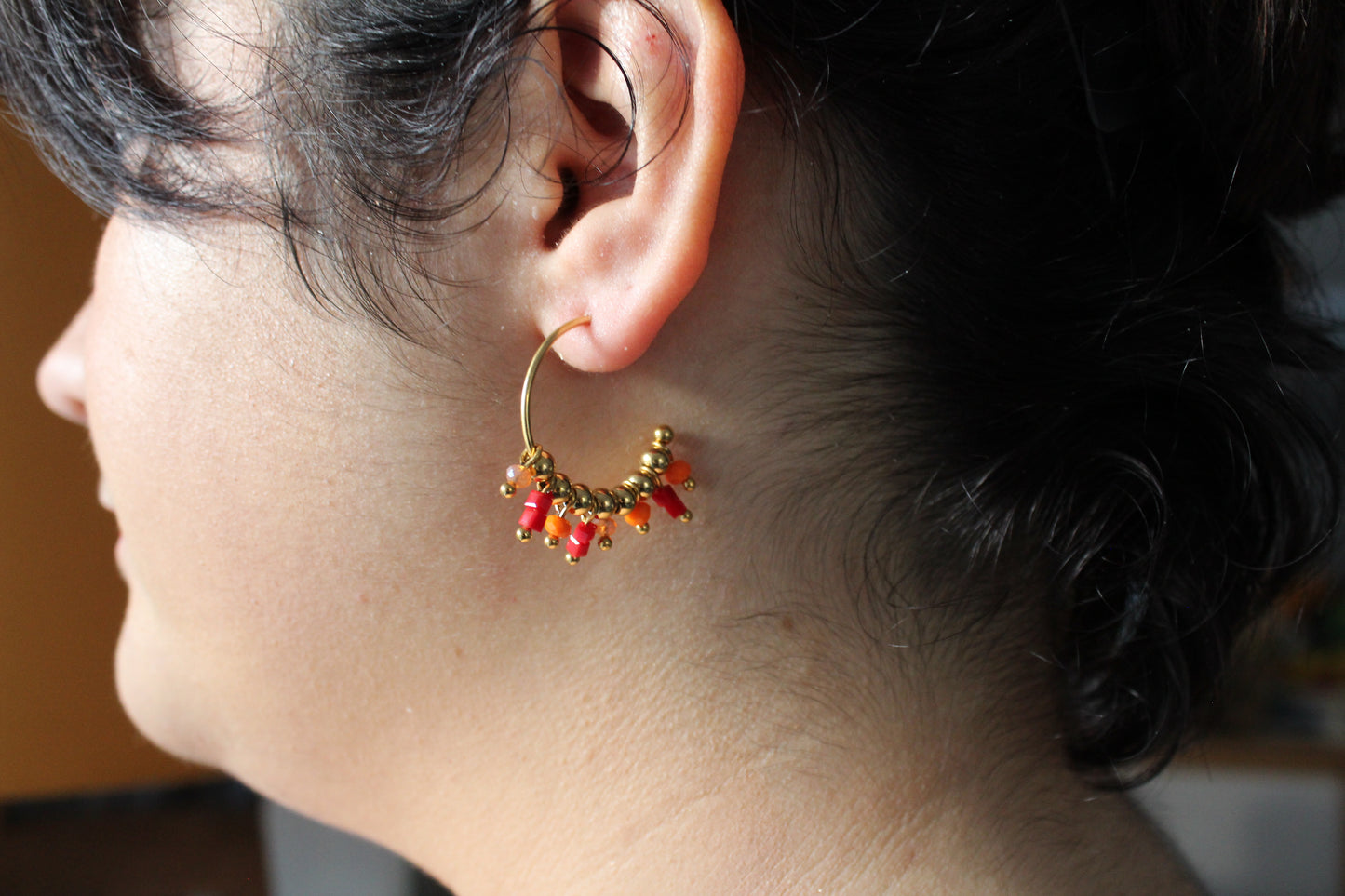 BOUCLES D'OREILLES " A LA FOLIE "/ rouge, orange, pêche