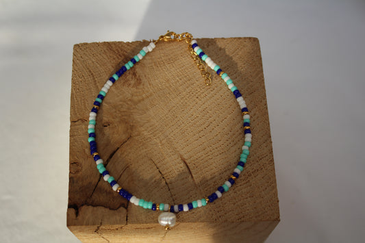 BRACELET DE CHEVILLE MIA / turquoise, bleu, blanc